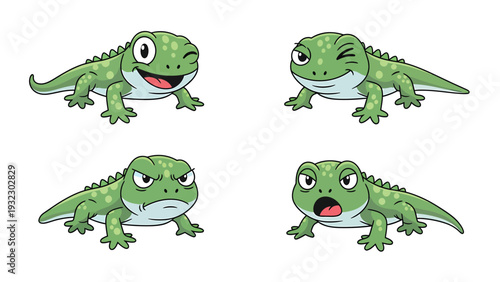 Cute Green Lizard Cartoon Character Expressions Set: Happy, Winking, Angry, Surprised Reptile Mascot