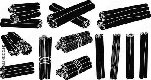 Cinnamon sticks silhouette set, aromatic spice bundle illustration collection, black herbal seasoning icons isolated on white background for cooking and baking design