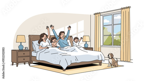 Happy family of four with their pet dog waking up in a bright and cozy bedroom and raising their arms to welcome a brand new sunny day.