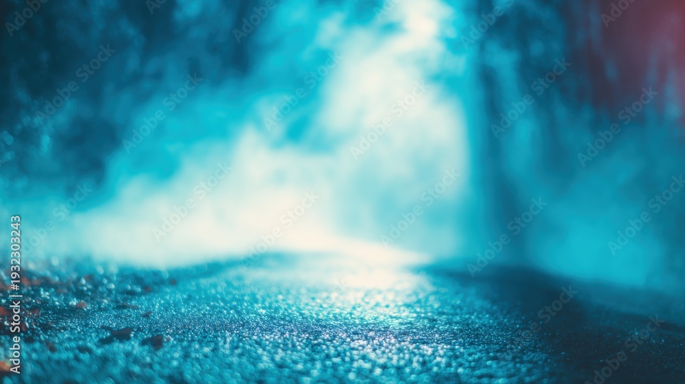Obraz premium Fog covers a wet street at night creating a mysterious atmosphere
