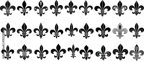 Fleur de lis silhouette set, heraldic French lily symbol collection, decorative royal emblem icons isolated on white background for vintage design