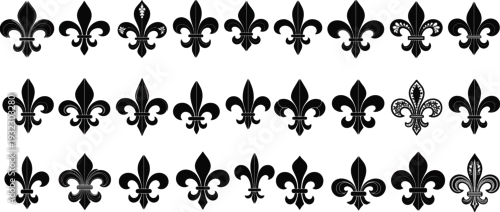 Fototapeta Fleur de lis silhouette set, heraldic French lily symbol collection, decorative royal emblem icons isolated on white background for vintage design