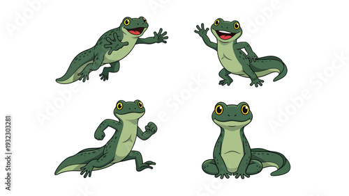 Cute Cartoon Green Newt Character Poses Set. Happy Amphibian Animal Vector Illustration for Kids and Design.