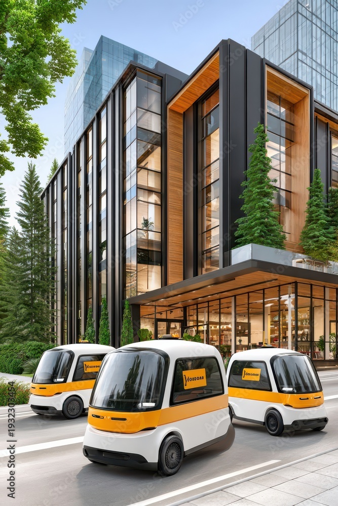 Obraz premium Autonomous electric delivery robots driving through a modern urban street in front of glass office building