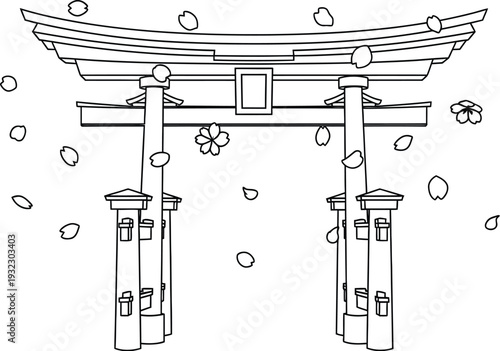 Black and white outline drawing of a traditional Japanese torii gate surrounded by falling cherry blossom petals