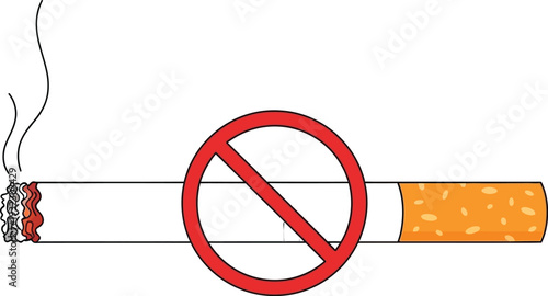 Cartoon illustration showing a lit cigarette with a red no smoking sign, emphasizing health warnings and prohibition against tobacco use in public places.