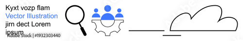 Teamwork, cloud computing, innovative solutions, search functionality, data organization, collaboration tools. Magnifier, people icons on gear and cloud outline. Team collaboration and cloud