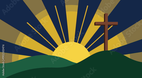 Easter Sunday Sunrise Cross on Hill Flat Vector Illustration
