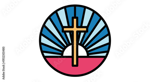 Modern Easter Sunday Sunrise Cross Badge Flat Vector Illustration