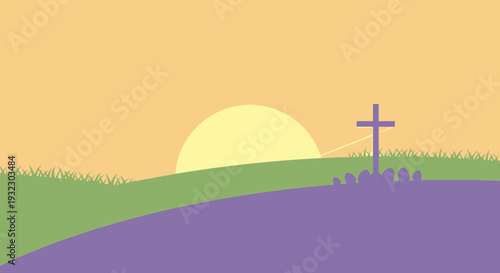 Easter Sunday Sunrise Hill Scene Flat Vector Illustration