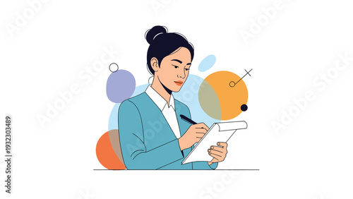 Professional businesswoman in a blue suit carefully taking notes on a notepad with abstract colorful shapes in the background representing ideas.