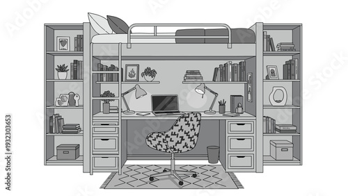 Compact and organized student bedroom featuring a loft bed above a desk with a computer, bookshelves, and various study materials in grey tones.