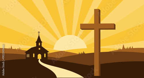 Easter Sunrise Cross Scene Flat Vector Illustration