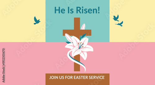 Square Easter Church Invitation Flat Vector Illustration