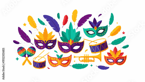 Colorful Mardi Gras masks and feathers with musical instruments on a white background in a vibrant flat lay composition.