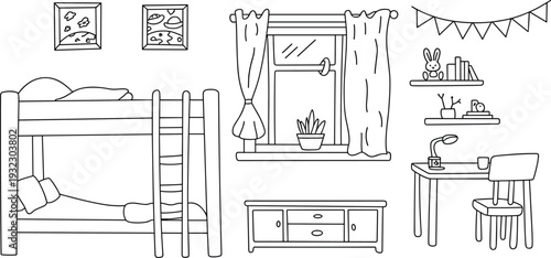 Children bedroom interior bunk bed study desk decor flat vector