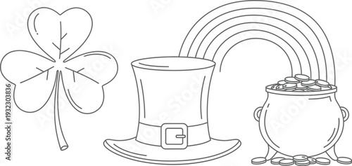 A delightful line art illustration featuring iconic st. patrick's day imagery including a shamrock, leprechaun hat, rainbow, and pot of gold.