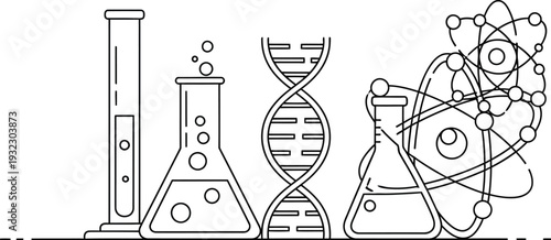 Clean line art illustration representing essential scientific elements including laboratory beakers, a test tube, DNA helix, and an atom for research and education.