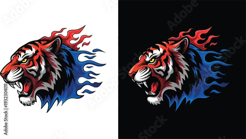 Dynamic roaring tiger mascot with fiery red and cool blue flames vector illustration.