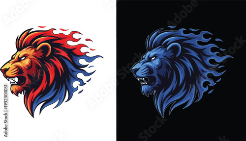 Two fierce lion heads with flaming manes, one in red and blue on white, the other in blue on black, designed as powerful mascots.