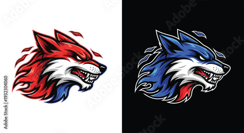 Aggressive red and blue wolf head mascot logo designs for esports or sports teams, featuring sharp teeth and dynamic fur details on contrasting backgrounds.