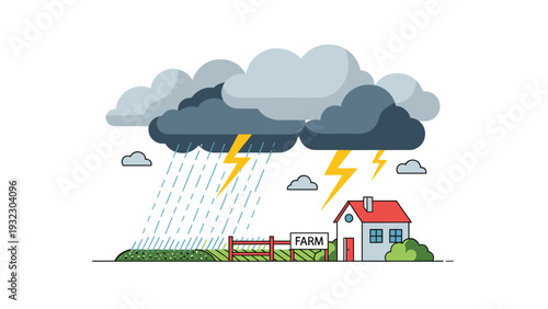 Dramatic weather scene showing heavy rain and lightning strikes over a small farm house and green fields during a powerful summer storm.