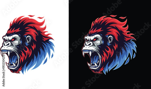 A fierce and aggressive gorilla head mascot roaring with vibrant red and blue flame-like fur, showcasing a powerful and dynamic design.