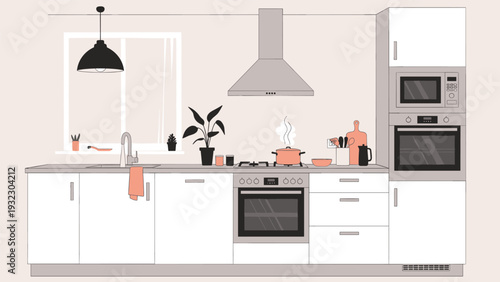 Sleek and clean modern kitchen interior with white cabinets, a window, built-in appliances, and a potted plant for a fresh and bright atmosphere.