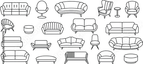 Seating furniture collection sofa armchair lounge ottoman design flat vector