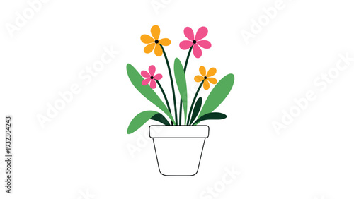 Charming white pot holding a green plant with several bright pink, orange, and yellow flowers perfect for a small home or garden decoration.