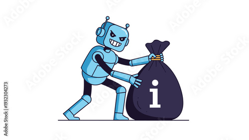 Robot thief stealing a heavy black bag marked with an information icon symbol, representing data breach and cyber security threats.