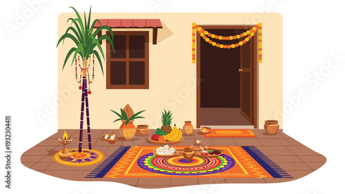 Traditional Indian Pongal festival celebration scene with sugarcane, clay pots, bananas, fruit offerings, and colorful rangoli at a house.