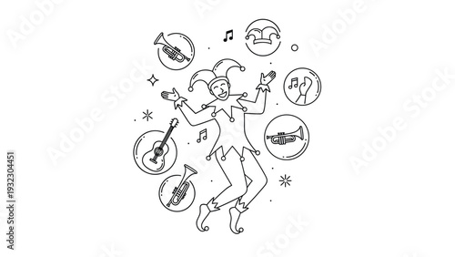 Line art illustration of a cheerful medieval jester dancing and juggling icons of musical instruments like trumpet, guitar, and music notes.