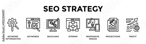 Seo Strategy Banner Web Icon Set Collection Pack Vector Illustration Concept For Keyword Optimization, Keywords, Backlinks, Sitemap, Responsive Design, Projections, Profit