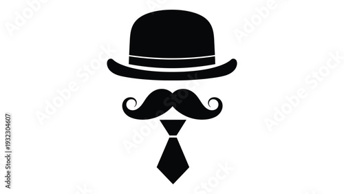 A black and white image of a hat and mustache isolated on white background, Vector
