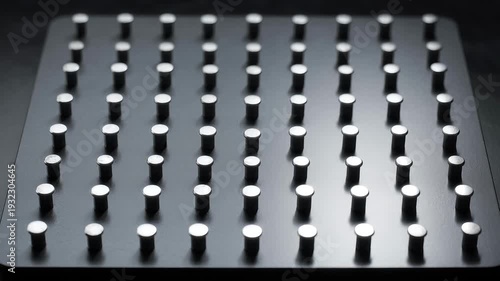Close-up view of a grid of metallic cylinders, arranged in a precise pattern on a dark, matte surface, creating a sense of order and technology