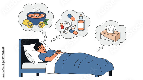 Sick man sleeping in bed dreaming about hot soup, medicine, and tissues, depicting a recovery process from flu or a cold at home in winter.