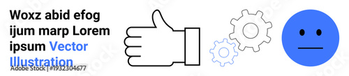 Feedback, emotions, communication, technology, user interaction, productivity. A thumbs-up hand, blue neutral face and two gear icons. Feedback and emotions through functional design elements
