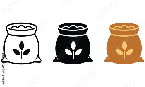 Three bags of grain depicted in different colors with a seedling icon, symbolizing growth and agriculture in a simple graphic design.