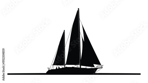A black silhouette of a sailboat on the water isolated on white background, Vector