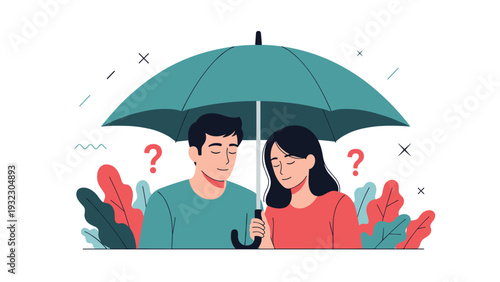 Young couple standing close together under a large green umbrella with question marks floating around them, suggesting a romantic dilemma.