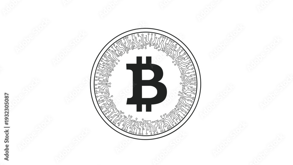 Obraz premium Simple black and white illustration of a bitcoin coin with a circuit board pattern rim, representing cryptocurrency and digital finance.