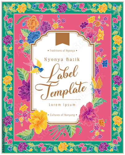 Peranakan Premium Peonies Batik Label Vertical Template.