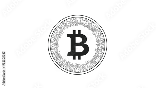 Simple black and white illustration of a bitcoin coin with a circuit board pattern rim, representing cryptocurrency and digital finance.