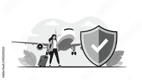 Woman with a suitcase walking towards an airplane behind a large security shield with a checkmark, symbolizing travel insurance and safety.