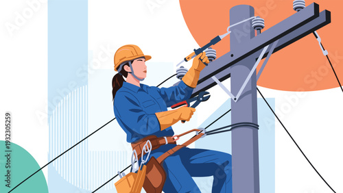 Female electrician wearing a safety helmet and harness working on a power line pole, illustrating industrial maintenance and energy services.