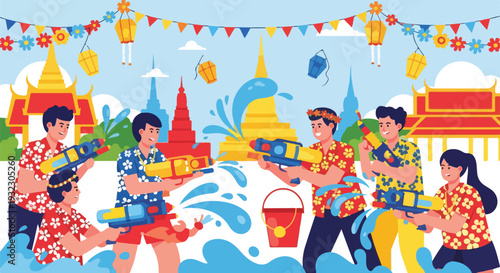 Illustration of people playing with water guns near temples