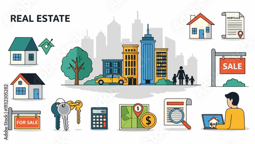 Illustration of real estate elements with buildings and a family