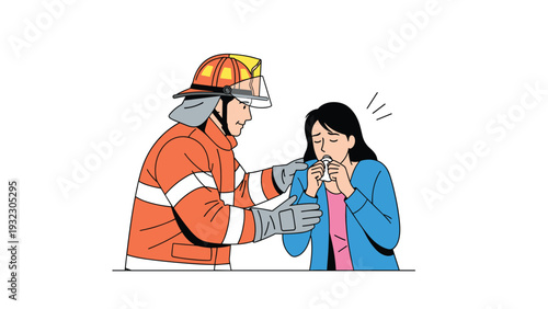 Brave firefighter in full protective gear comforting a coughing woman, depicting emergency rescue, safety, and public assistance services.