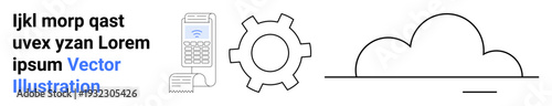 Cloud with horizontal line, gear cog, mobile device, text elements. Ideal for technology, innovation, digital transformation, connectivity, communication process optimization simple landing page